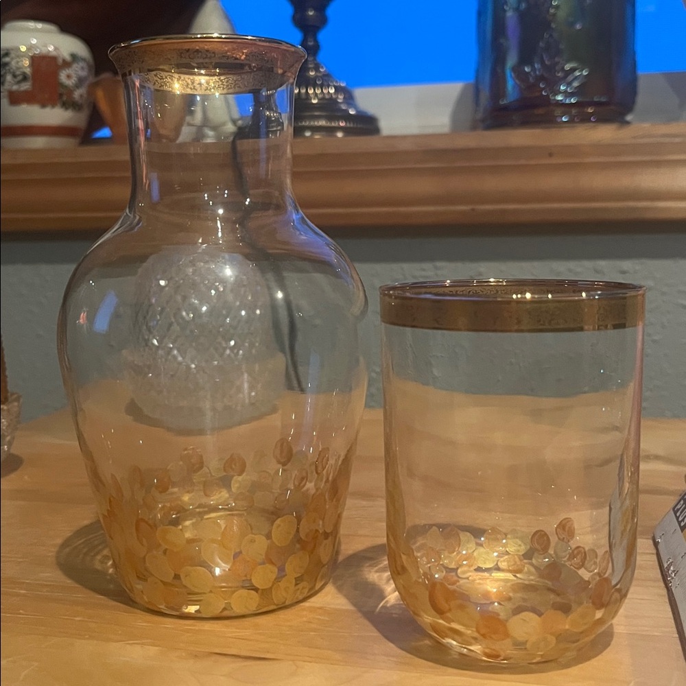 handpainted Imperial Crystal 24kt gold gilt 2 pc carafe cup tumble up In Box